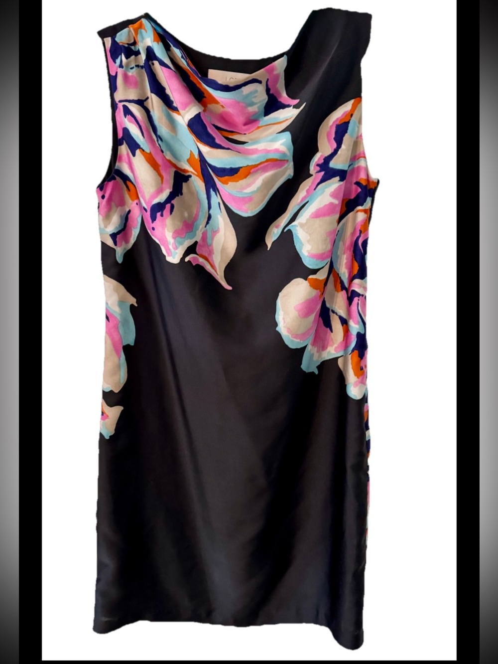 Ann Taylor Loft Sleeveless Sheath Dress Black Draped Neck Abstract Floral Sz 4